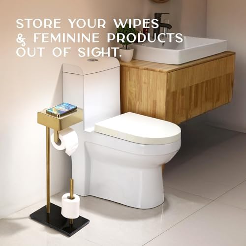 Day Moon™ Gold Toilet Paper Holder Free Standing Toilet Paper Holder with Storage - Toilet Paper Stand and Tissue Holder for Bathroom - Toilet Paper Holder with Shelf and Wipe Holder