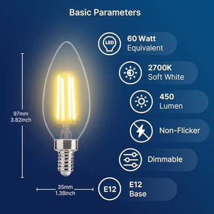 FLSNT 60W Equivalent LED Chandelier Light Bulbs, Dimmable, E12 Base, Clear B11 LED Filament Candelabra Bulbs, 2700K Soft White, 6 Pack
