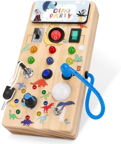 Dinosaur Busy Board with 8 LED Light Switches, Toddler Montessori Busy Board with Light Switch, Sensory Travel Toys, Montessori Toys for 1+ Year Old Boys