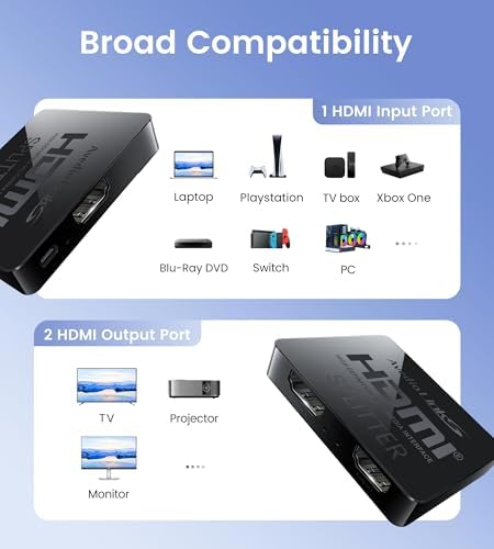 avedio links HDMI Splitter 1 in 2 Out [w/ 4 Ft Hdmi Cable]Not for Extended Display-Mirror Same Screen Only, 4K 1x2 HDMI Splitter 1 to 2 for 3D 1080P@60Hz, Copy 1 Source to 2 Displays at The Same Time