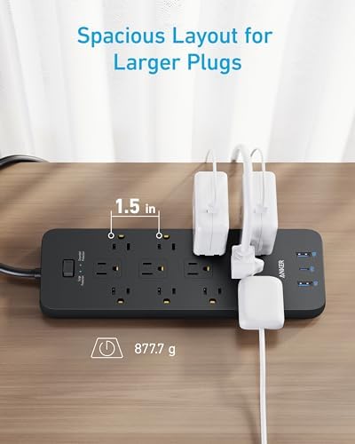 Anker Power Strip with 3 USB Ports, Surge Protector (2100J-10ft), 12 Outlets, 2 USB-A Ports and 1 USB-C Port, Works with iPhone 16/16 Plus/16 Pro/16 Pro Max, for Home, Office, TUV Listed
