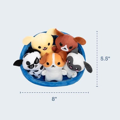 WHAT DO YOU MEME? Emotional Support Puppies by Relatable, Cuddly Stuffed Animals, Plushies, and Cute Stuff, Great Gift Ideas for Loved Ones of All Ages, Includes 5 Plushies with Carrying Basket