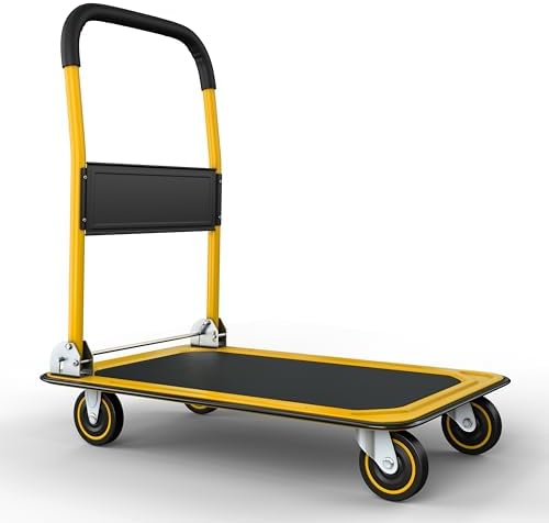 Heavy Duty Foldable Push Cart Dolly | 330 lbs. Capacity | Upgraded Collapsible Hand Truck Platform with Swivel Wheels | Flat Bed Moving Wagon | Space Saving Push Handle (Yellow)