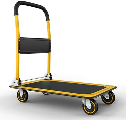 Heavy Duty Foldable Push Cart Dolly | 330 lbs. Capacity | Upgraded Collapsible Hand Truck Platform with Swivel Wheels | Flat Bed Moving Wagon | Space Saving Push Handle (Yellow)