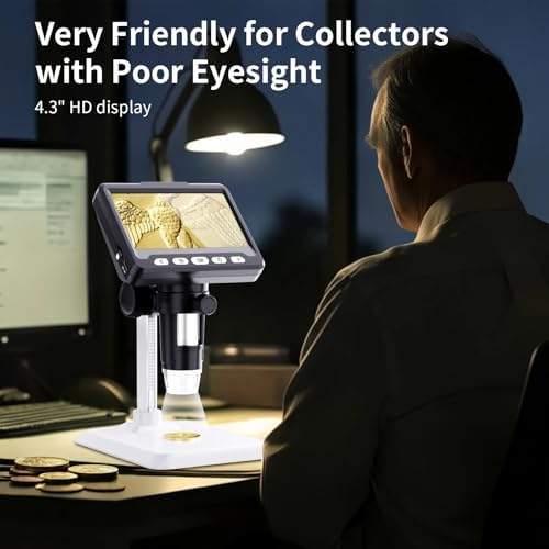 Coin Microscope, LCD Digital1000x, 1080P Coin Magnifier,Microscope for Adult with 8 Adjustable LED Lights, PC View, Compatible with MacOS Windows