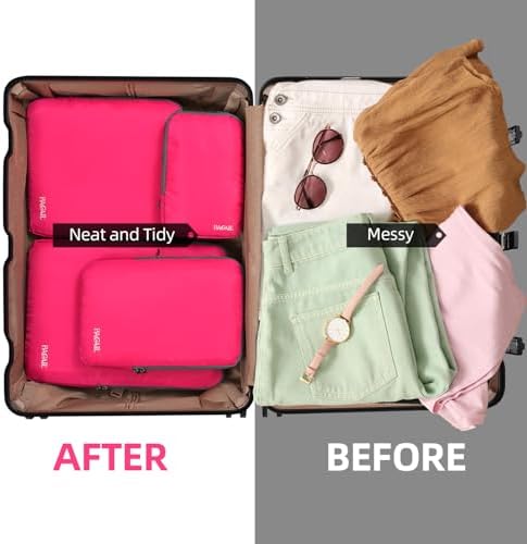 BAGAIL 4 Set/6 Set/8 Set Compression Packing Cubes Travel Accessories Expandable Packing Organizers (Cloth Pattern, 4-Fuchsia)