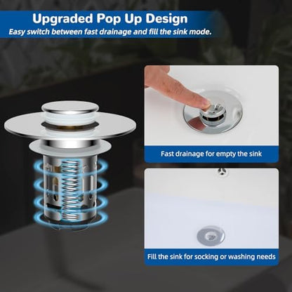 Hibbent 2 Pack 3 in 1 Bathroom Sink Drain Strainer, Universal Pop Up Stopper with Removable Stainless Steel Filter Basket Hair Catcher, Sink Plug for 1.1''~2.36'' Basin, Brass Bullet Core, Chrome