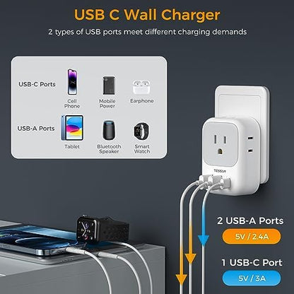Italy Travel Plug Adapter 2 Pack, TESSAN Italy Power Adaptor with 4 Outlets 3 USB Charger (1 USB C Port), Type L Adapter for US to Chile Ethiopia Libya Syria Tunisia Uruguay