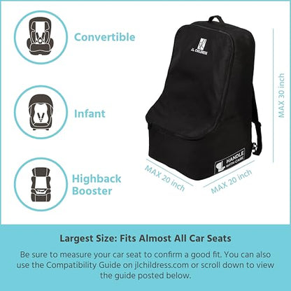 J.L. Childress Padded Backpack Car Seat Bag - Travel Bag for Airplane, Fits Most Baby & Infant Car Seats, Boosters, & Carriers, Accessories for Gate or Baggage Check, AirTag Compatible - Deluxe, Black