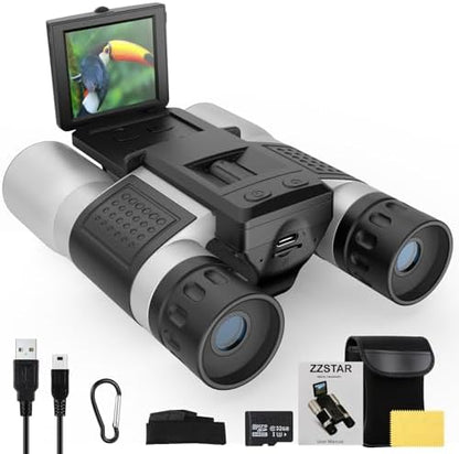 ZZSTAR 12x32 Binoculars with Built-in Camera, High Powered Binoculars for Adults, 2" LTPS Display 5MP 1080P Video Photo Recorder for Bird Watching Travel Concert, with 32GB Micro SD Card, Silver
