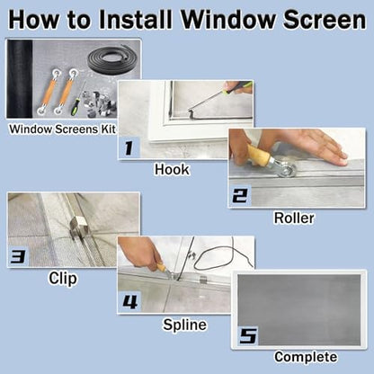 Window Screen Door Repair/Replacement Kit, King&Charles Include Black Screen Mesh 48"x118"+ 2 Roller+50Ft Spline+8Clips+Hook, 6 in 1 Window Mesh Kit, Steel/Nylon Bearing Roller
