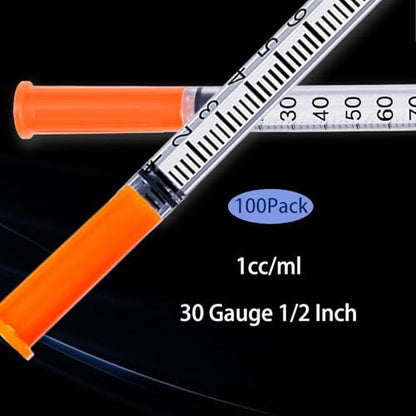 1ml 30g 1/2 inch Syringes, 100 Pack Lab Supplies Syringe, Individually Wrapped