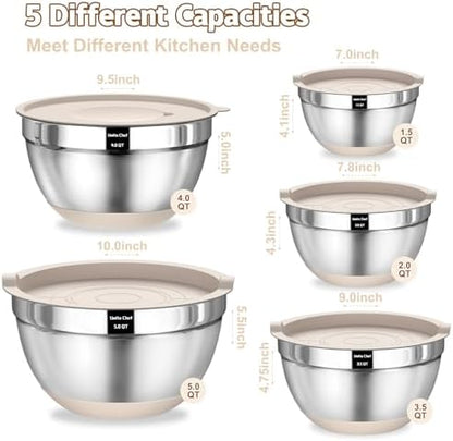 Umite Chef Mixing Bowls with Airtight Lids Set, 8PCS Stainless Steel Khaki Nesting Bowls with Grater Attachments, Kitchen Bowls with Non-Slip Bottoms, Size 5, 4, 3.5, 2, 1.5QT for Mixing & Serving