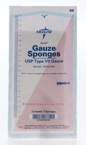 Medline Sterile 100% Cotton Woven Gauze Sponges, 8" x 4", 12-Ply, Ideal for Wound Dressing and General Cleaning, 2/Packs, Pack of 25