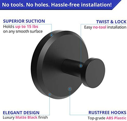 HOME SO Suction Cup Hooks for Shower, Bathroom, Kitchen, Glass Door, Mirror, Tile – Loofah, Towel, Coat, Bath Robe Hook Holder for Hanging up to 15 lbs – Waterproof & Rustproof, Matte Black (2-Pack)