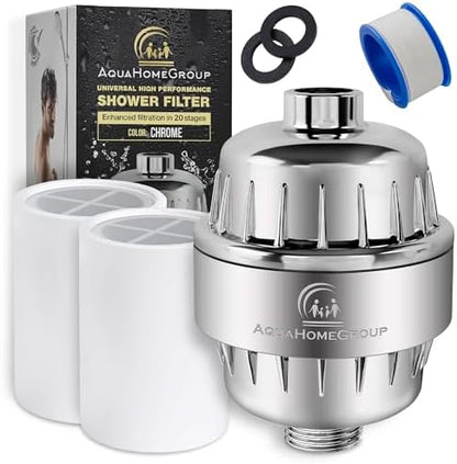 AquaHomeGroup 20 Stage Shower Head Filter with Vitamin C E A for Hard Water - High Output Filter to Remove Chlorine and Fluoride - 2 Cartridges Included - Consistent Flow Showerhead Filters