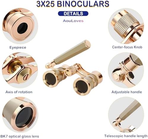 Opera Glasses Binoculars, Theatre Binoculars, 3X25, Metal Material, Vintage and Refined, with Adjustable Handle for Adults Kids Women in Musical Concert Cinema.