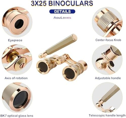 Opera Glasses Binoculars, Theatre Binoculars, 3X25, Metal Material, Vintage and Refined, with Adjustable Handle for Adults Kids Women in Musical Concert Cinema.
