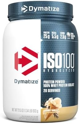 Dymatize ISO100 Whey Protein Powder Isolate, Gourmet Vanilla, 25g of Protein, 20 Servings, 5.5g BCAAs, Less Than 120 Cal., Gluten Free, 1g Fat, 1g Sugar, 2g Carb