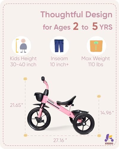 KRIDDO Kids Tricycles Age 24 Month to 4 Years, Toddler Kids Trike for 2.5 to 5 Year Old, Gift Toddler Tricycles for 2-4 Year Olds, Trikes for Toddlers, Sporty Styling, Pink