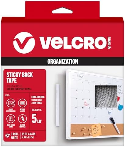 VELCRO Brand - Sticky Back Hook and Loop Fasteners – Peel and Stick Permanent Adhesive Tape Keeps Classrooms, Home, and Offices Organized – Cut-to-Length Roll | 15ft x 3/4in Tape | White