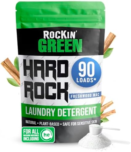 Rockin' Green Hard Rock Laundry Detergent for Hard Water (90 Loads), Plant based, Natural Laundry Detergent Powder, Biodegradable Odor Fighter, Safe for Sensitive Skin, 45 oz (Freshwood Mac)
