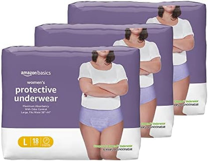 Amazon Basics Incontinence Underwear for Women, Protective, Disposable, Postpartum, Maximum Absorbency, Large, Lavender, 54 Count (3 Packs of 18)