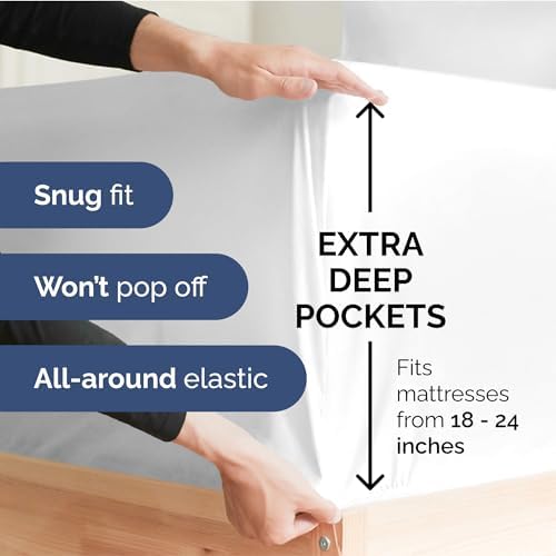 Extra Deep Queen Fitted Sheet - Hotel Luxury Single Fitted Sheet Only - Easily Fits 18 inch to 24 inch Mattress - Ultra Soft, Wrinkle Free w/Extra Deep Pockets - Easy-Care, Breathable & Comfy - White