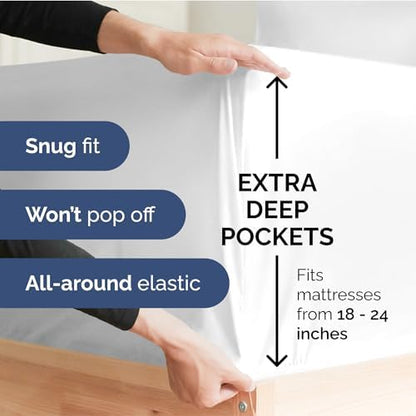 Extra Deep Queen Fitted Sheet - Hotel Luxury Single Fitted Sheet Only - Easily Fits 18 inch to 24 inch Mattress - Ultra Soft, Wrinkle Free w/Extra Deep Pockets - Easy-Care, Breathable & Comfy - White