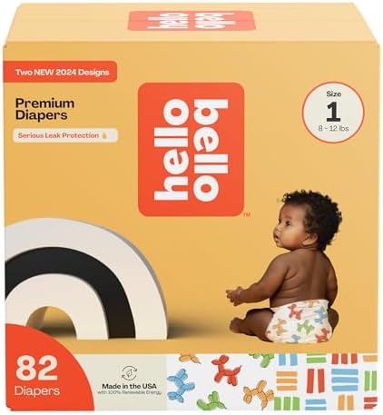 Hello Bello Premium Diapers Size 1, Balloon Buddies & Crosshatch Cuties Designs, 82ct Club Box