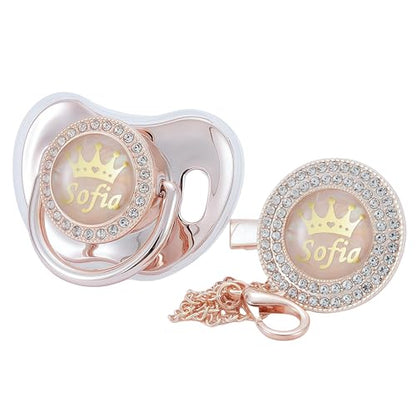 Personalized Any Name Bling Gold Silver Pacifier and Clip Set 18 Colors BPA Free Safe Unique Design Luxurious Dummy Ideal Gift for Baby Show New Born