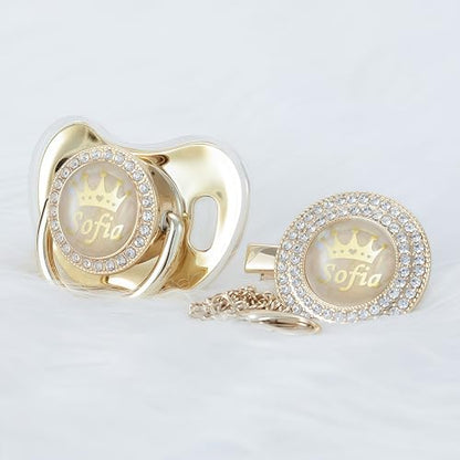 Personalized Any Name Bling Gold Silver Pacifier and Clip Set 18 Colors BPA Free Safe Unique Design Luxurious Dummy Ideal Gift for Baby Show New Born