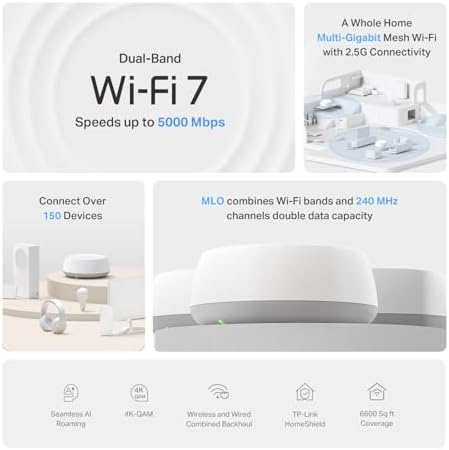TP-Link Deco BE25 Dual-Band BE5000 WiFi 7 Mesh Wi-Fi System | 4-Stream 5 Gbps, 240 Mhz | Covers up to 6,600 Sq.Ft | 2X 2.5G Ports Wired Backhaul | VPN,MLO, AI-Roaming, HomeShield, 3-Pack