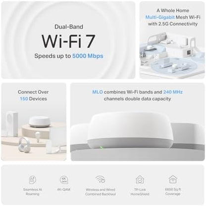 TP-Link Deco BE25 Dual-Band BE5000 WiFi 7 Mesh Wi-Fi System | 4-Stream 5 Gbps, 240 Mhz | Covers up to 6,600 Sq.Ft | 2X 2.5G Ports Wired Backhaul | VPN,MLO, AI-Roaming, HomeShield, 3-Pack