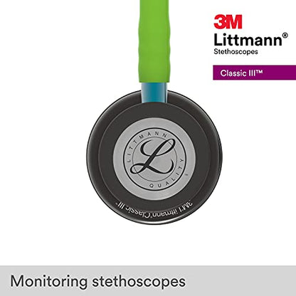 3M Littmann Classic III Monitoring Stethoscope, 5875, More Than 2X as Loud, Weighs Less, Stainless Steel Smoke-Finish Chestpiece, 27" Lime Green Tube, Blue Stem, and Smoke Headset