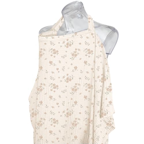 Konssy Muslin Nursing Cover for Baby Breastfeeding, Breathable 100% Cotton Breastfeeding Cover with Rigid Hoop for Mother Nursing Apron, Multi-use Carseat Canopy (Blossom)