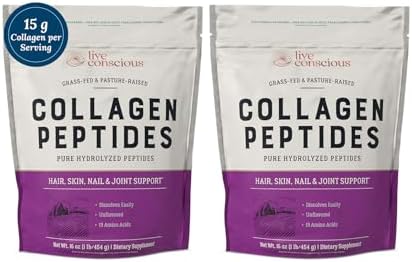 Live Conscious Collagen Peptides Powder - Hair, Skin, Nail, and Joint Support - Type I & III Collagen - Naturally-Sourced Hydrolyzed Protein - 16oz (2-Pack)