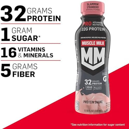 Muscle Milk Pro Advanced Nutrition Protein Shake, Slammin' Strawberry, 11.16 Fl Oz (Pack of 12), 32g Protein, 1g Sugar, 16 Vitamins & Minerals, 5g Fiber
