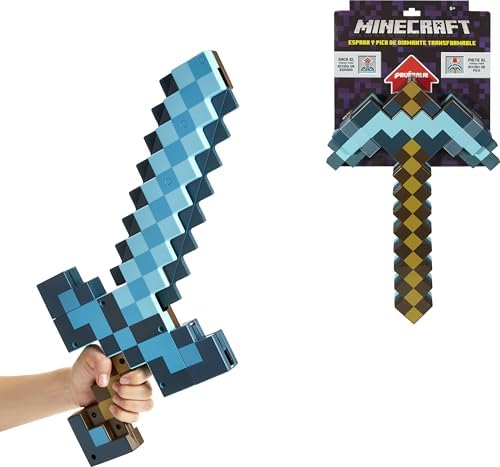Bundle of Mattel Games UNO Minecraft Card Game with Minecraft-Themed Graphics in a Collectible Tin (Amazon Exclusive) + Mattel Minecraft Transforming Diamond Sword & Pick-Axe Kid-Sized 2-in-1 Toy