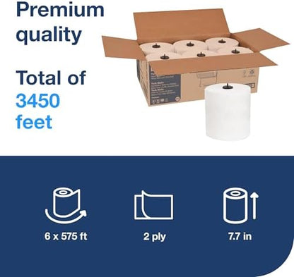 Tork Matic Soft Hand Towel Roll, White, Premium, H1, Quick-Absorbing, Long-Lasting, Thick 2-Ply, 6 Rolls x 575 ft, 290096