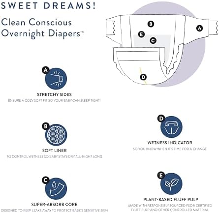 The Honest Company Clean Conscious Overnight Diapers for Sensitive Skin | Hypoallergenic, Fragrance Free | Cozy Cloud + Star Signs | Club Box, Size 6 (35+ lbs), 34 Count