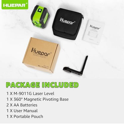 Huepar Laser Level, 100ft Self Leveling Green Cross Line Laser for Picture Hanging, Tile, Decoration & DIY Indoor Construction – 360° Magnetic Base & Battery Included