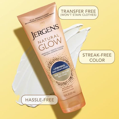 Jergens Natural Glow +Firming Self Tanner Body Lotion, Fair to Medium Skin Tone, Sunless Tanning Moisturizer with Collagen and Elastin. Helps to Visibly Reduce Cellulite, 7.5 Fl Oz (Pack of 2)