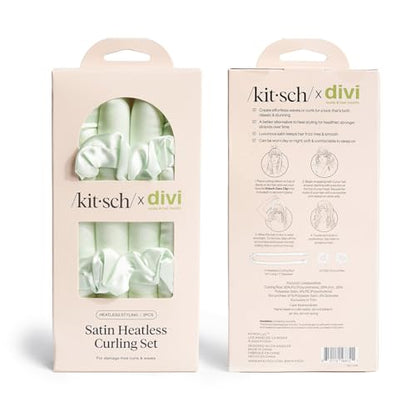 Divi x Kitsch Satin Heatless Hair Curler Set - Heatless Curls Overnight, Hair Rollers for Soft Curls & Frizz-Free Styling, No Heat Curlers To Sleep in, Curling Rod Headband for Overnight Curl- Sage