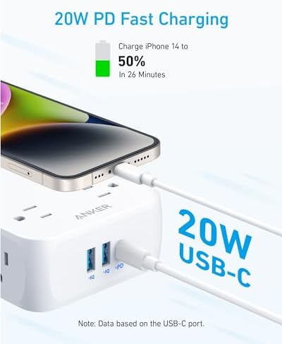 Anker Surge Protector Flat Plug Power Strip 2000J, 5ft Thin Extension Cord, 8 Outlets,2 USB A and 1 USB C Port,20W for iPhone15,Wall Mount,Compact for Home,Office,Room,TUV Listed