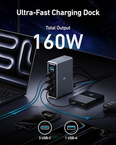 Anker Prime Docking Station, 14-Port with 160W Max Output, 10Gbps Fast Data Transfer, Real-Time Smart Interface, Audio and Ethernet Ports, Dual 4K Displays for Dell, HP, Lenovo and More