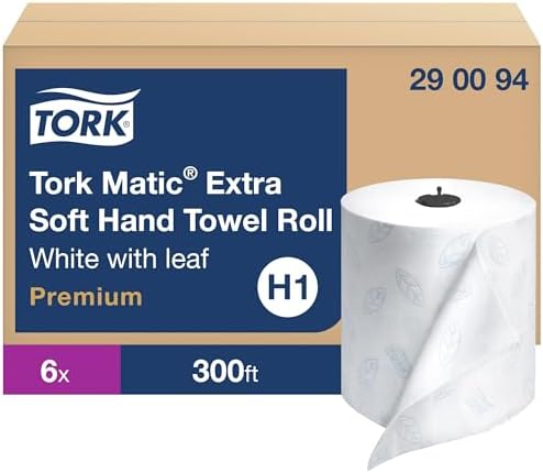 Tork Matic Extra Soft Paper Hand Towel Roll White with Blue Leaf H1, Premium, High Absorbency, 6 Rolls x 300 ft, 290094