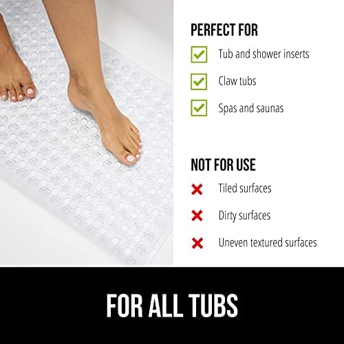 GORILLA GRIP Patented Bath Tub Shower Mat, Machine Washable Bathtub Floor Liner Mats, Suction Cups and Drain Holes to Keep Tubs Clean, Soft on Feet, Bathroom Essentials, 35x16 Inch, Clear