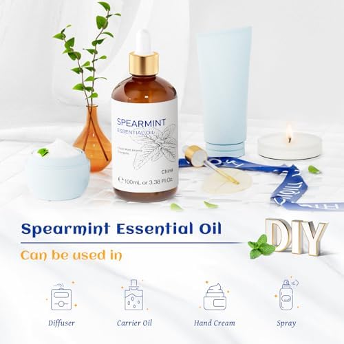 HIQILI 100ML Spearmint Oil for Skin Care, Facial, Can be Added to Lotions, Creams -100% Pure Natural Treatment Grade - 3.38 Fl Oz