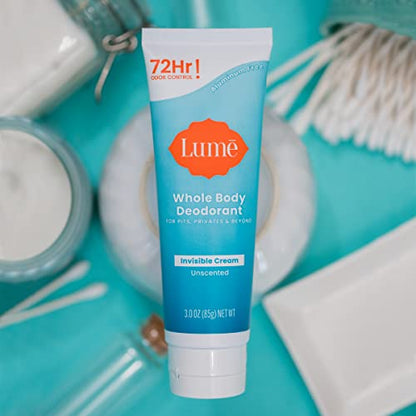 Lume Whole Body Deodorant - Invisible Cream Tube - 72 Hour Odor Control - Aluminum Free, Baking Soda Free, Skin Safe - 3.0 ounce (Unscented)
